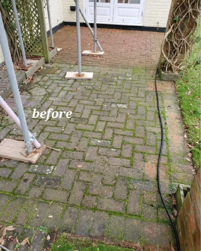 Block paving path green with moss before pressure washing